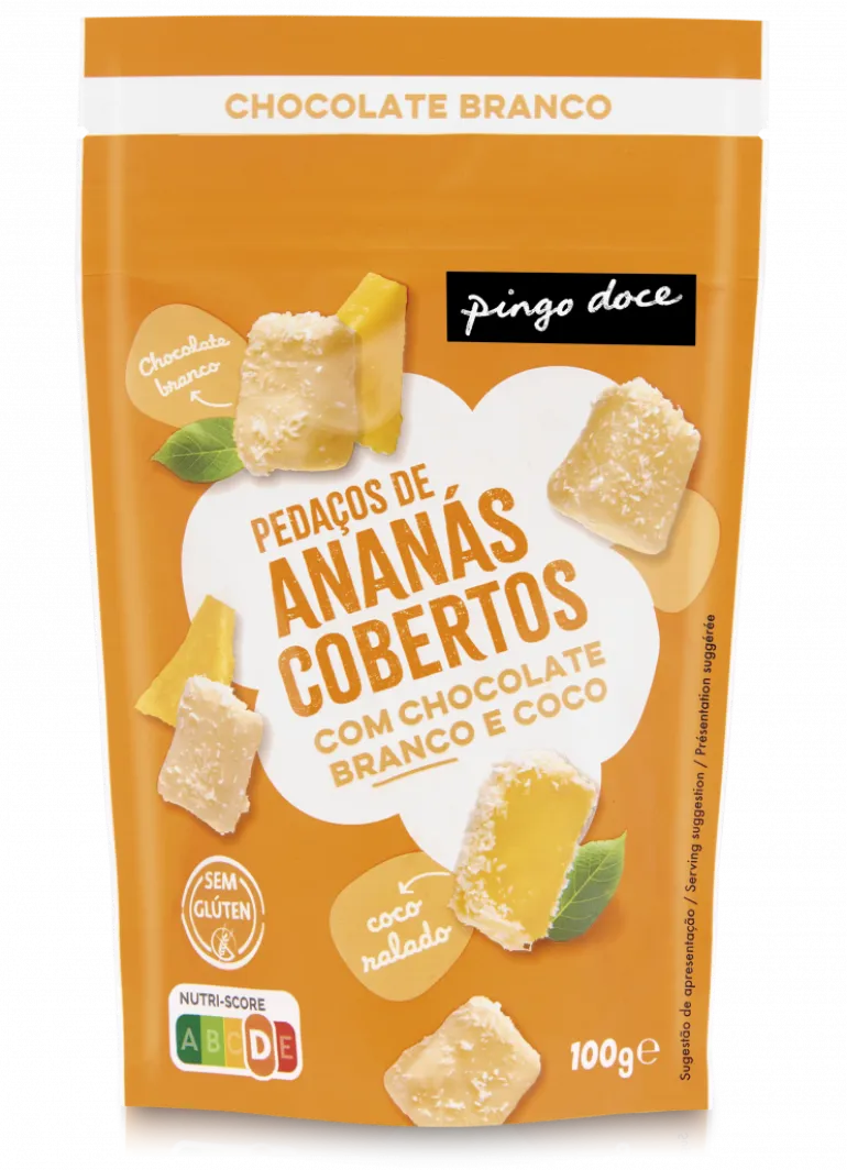 Pedaços de Ananás Cobertos com Chocolate Branco e Coco